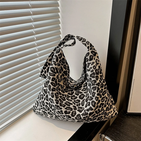 Borsa Tote in Tela con Stampa Leopardata da Donna Grande Capacità Borsa a Spalla Casual Stile Coreano Borsa Hobo in Tessuto