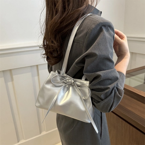 Women Korean Style Bow Tie Drawstring Bucket Bag Large Capacity PU Leather Shoulder Bag Minimalist Casual Underarm Bag