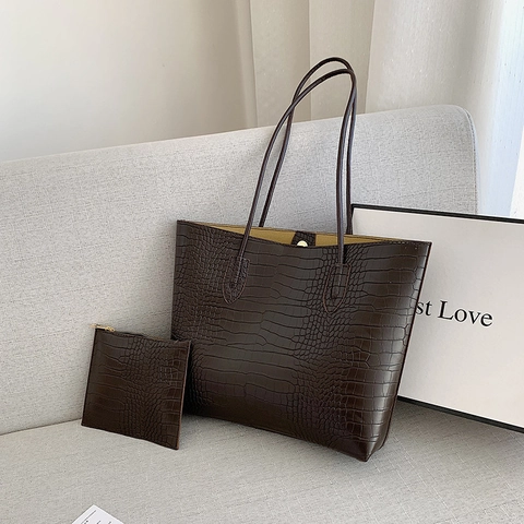 Women Shoulder Tote Bag Crocodile Embossed PU Leather Large Capacity With Small Pouch Elegant Casual Office