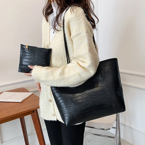 Women Shoulder Tote Bag Crocodile Embossed PU Leather Large Capacity With Small Pouch Elegant Casual Office