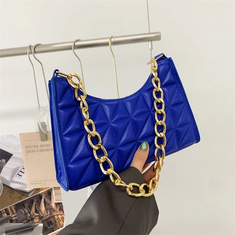 Women Quilted Shoulder Bag PU Leather Geometric Pattern Thick Gold Chain Strap Zipper Underarm Bag Fashion
