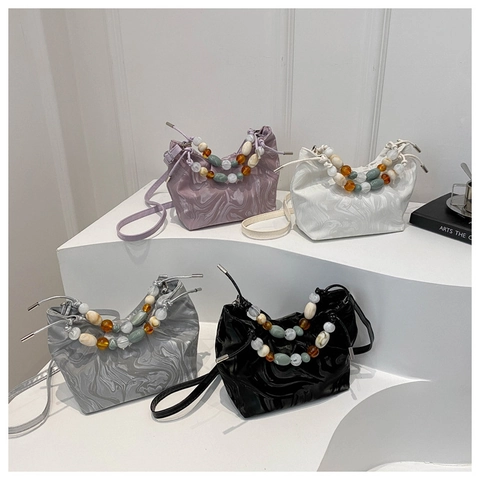 Marmortextur Eimer Tasche Damen Bunte Perlen Griff Plissee PU Leder Umhängetasche Nische Schultertasche