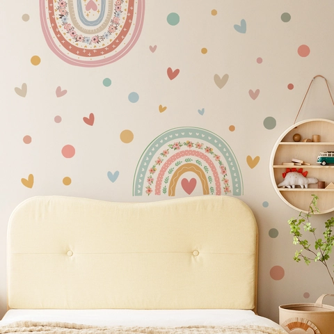 Boho Rainbow Heart Polka Dot Wall Stickers Floral Nursery Wall Decals For Kids Bedroom Living Room PVC Self-Adhesive Decor