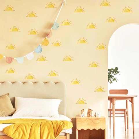 Sun Wall Stickers Watercolor Yellow PVC Removable Decals Boho Style For Kids Room Nursery Bedroom Playroom