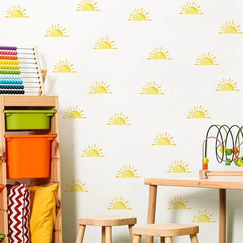 Sun Wall Stickers Watercolor Yellow PVC Removable Decals Boho Style For Kids Room Nursery Bedroom Playroom