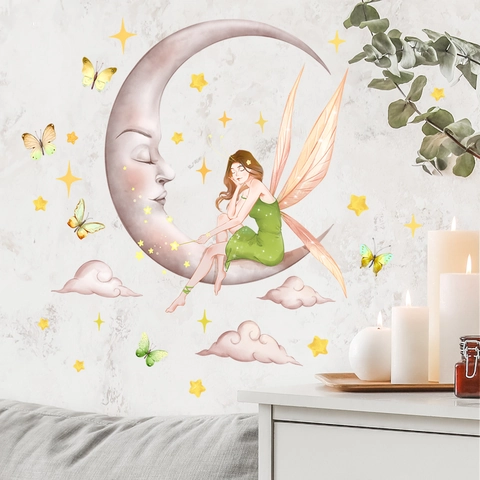 Glow In The Dark Wall Stickers Luminous Moon Fairy Star Butterfly Decals PVC Self Adhesive Decor For Kids Bedroom Nursery