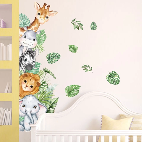 Stickers Muraux Animaux De La Jungle En PVC Aquarelle Girafe Lion Éléphant Amovible Auto-Adhésif Décoration De Crèche