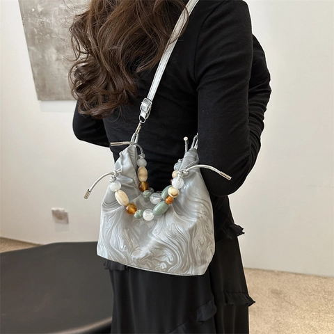 Dames Mode Marmerpatroon Tote Bag Eenvoudige Wolk Geplooide Schoudertas Veelkleurige Acryl Kralenhandgreep Crossbody Handtas