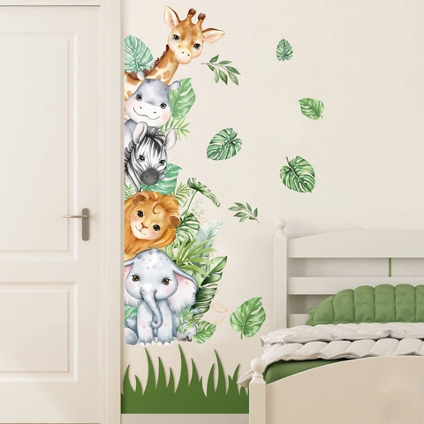 Stickers Muraux Animaux De La Jungle En PVC Aquarelle Girafe Lion Éléphant Amovible Auto-Adhésif Décoration De Crèche