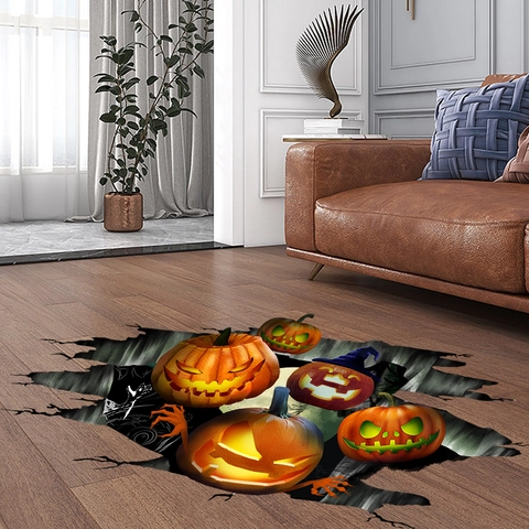 Pegatinas De Suelo De Calabaza De Halloween 3D Calcomanías De Pared Efecto Agujero PVC Autoadhesivo Decoración Festiva