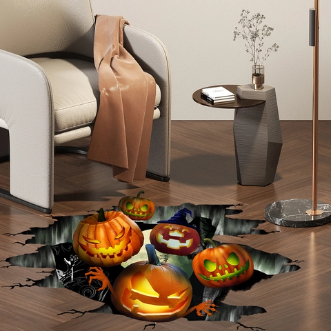 Pegatinas De Suelo De Calabaza De Halloween 3D Calcomanías De Pared Efecto Agujero PVC Autoadhesivo Decoración Festiva