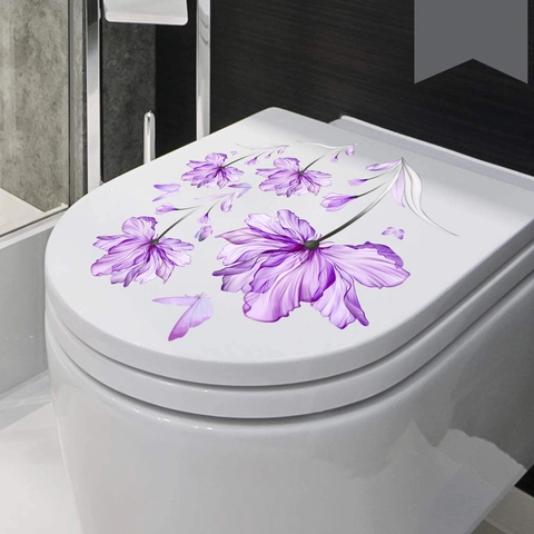 Sticker Toilettes Fleur Violette Papillon Imperméable PVC Salle de Bain Décalcomanie Décorative Élégant Sticker Floral Maison