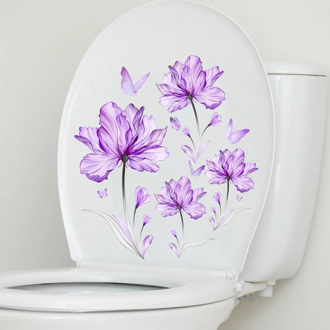 Sticker Toilettes Fleur Violette Papillon Imperméable PVC Salle de Bain Décalcomanie Décorative Élégant Sticker Floral Maison
