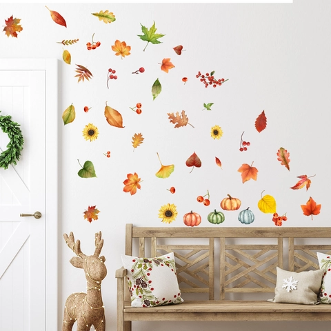 Pegatinas De Pared Otoño PVC Acuarela Hojas De Arce Calabazas Girasoles Decoración Hogar Autoadhesivas