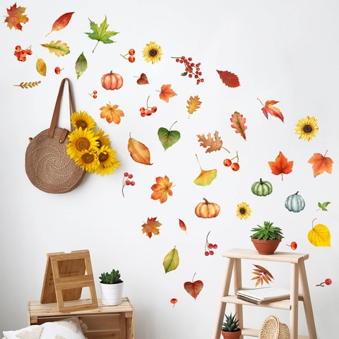 Pegatinas De Pared Otoño PVC Acuarela Hojas De Arce Calabazas Girasoles Decoración Hogar Autoadhesivas