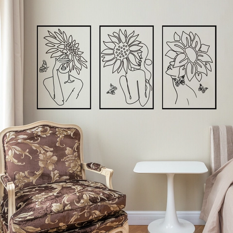 Minimalist Line Art Woman Face Wall Stickers With Sunflower Butterfly Pattern PVC Modern Decor For Living Room Bedroom
