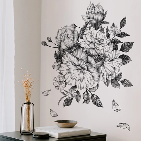 Autocollants Muraux Fleurs PVC Auto-Adhésifs Croquis Floraux Noir Blanc Dessiné À La Main Pivoine Rose Décoration Murale
