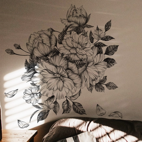 Autocollants Muraux Fleurs PVC Auto-Adhésifs Croquis Floraux Noir Blanc Dessiné À La Main Pivoine Rose Décoration Murale