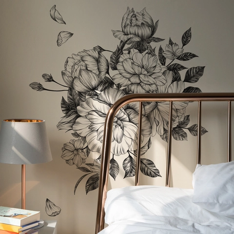 Hand Painted Sketch Peony Flower Wall Stickers Black White Floral Line Art DIY PVC Self Adhesive Wall Decals For Home Decor