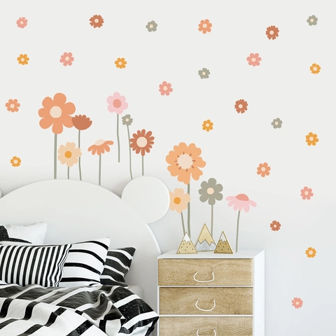 Stickers Muraux Marguerite Fleur PVC Autocollant Amovible Boho Morandi Floral Décoration Pour Chambre Enfant Salon Maison