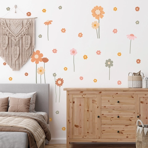 Stickers Muraux Marguerite Fleur PVC Autocollant Amovible Boho Morandi Floral Décoration Pour Chambre Enfant Salon Maison