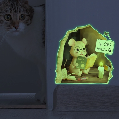 Stickers Muraux Trou De Souris Lumineux 3D Brille Dans Le Noir Animal Dessin Animé PVC Décalcomanies Décoration Maison