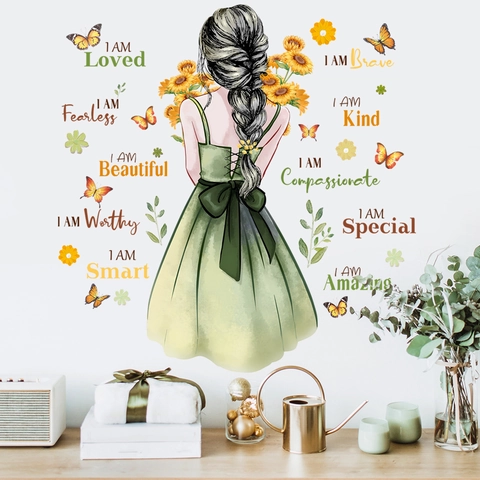 Wall Decals Sunflower Girl Back View Butterfly Inspirational Quote PVC Waterproof Self Adhesive Home Decor Living Room