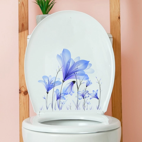 Blue Floral Toilet Lid Sticker PVC Self Adhesive Waterproof Bathroom Wall Decal Elegant Plant Pattern Decor