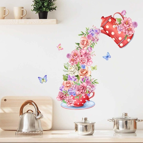 Adesivo Murale PVC Autoadesivo Teiera Fiore Farfalla Decorazione Per Cucina Sala Da Pranzo Stile Acquerello Removibile