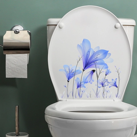 Blue Floral Toilet Lid Sticker PVC Self Adhesive Waterproof Bathroom Wall Decal Elegant Plant Pattern Decor