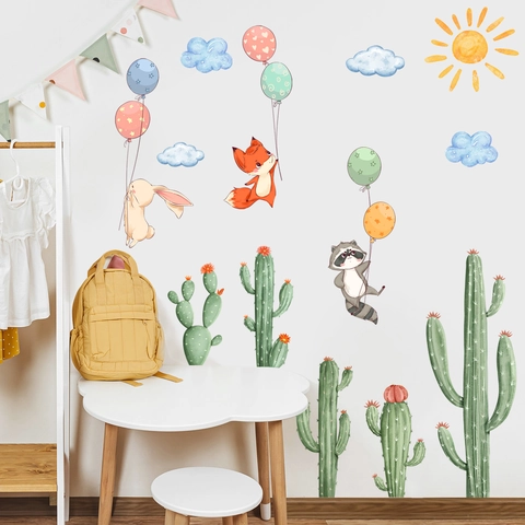 Adesivi Murali Animali Cactus Cartone Animato Acquerello Per Camera Bambini PVC Autoadesivo Decorazione Vivaio Volpe