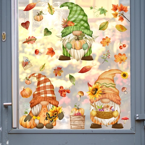 Autumn Gnome Window Clings PVC Static Stickers Sunflower Pumpkin Maple Leaf Decals Thanksgiving Home Decor