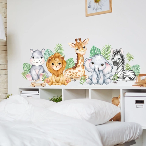 Aquarel Cartoon Jungle Dieren Muurstickers PVC Zelfklevend Babykamer Decoratie Voor Kinderkamer Slaapkamer