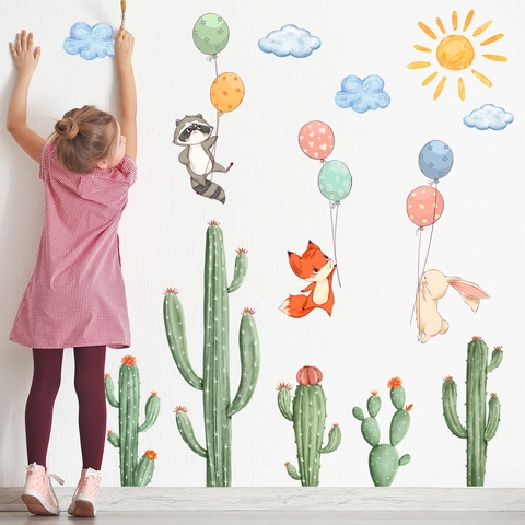 Adesivi Murali Animali Cactus Cartone Animato Acquerello Per Camera Bambini PVC Autoadesivo Decorazione Vivaio Volpe