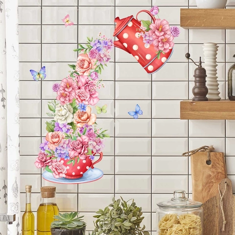 Adesivo Murale PVC Autoadesivo Teiera Fiore Farfalla Decorazione Per Cucina Sala Da Pranzo Stile Acquerello Removibile