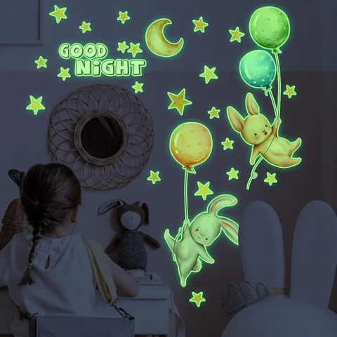 Stickers Muraux Lumineux Dans Le Noir PVC Dessin Animé Lapin Lune Étoile Décalcomanies Pour Décoration De Chambre D'enfant