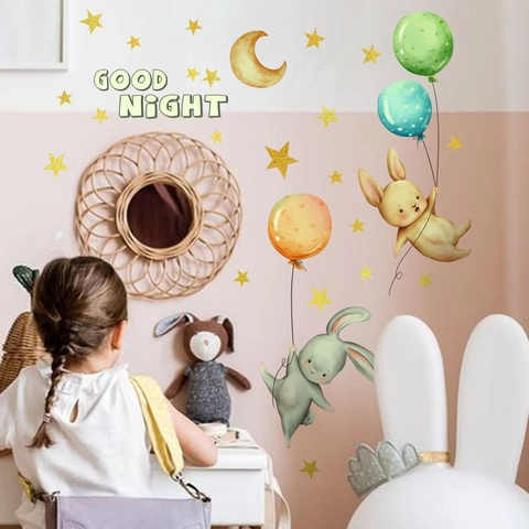 Stickers Muraux Lumineux Dans Le Noir PVC Dessin Animé Lapin Lune Étoile Décalcomanies Pour Décoration De Chambre D'enfant