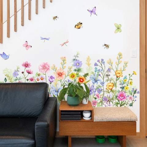 Watercolor Flower Butterfly Wall Stickers PVC Self Adhesive Floral Decals For Living Room Bedroom Bathroom Kitchen Decor