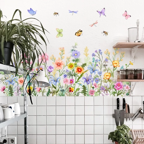 Watercolor Flower Butterfly Wall Stickers PVC Self Adhesive Floral Decals For Living Room Bedroom Bathroom Kitchen Decor