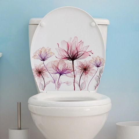 Autocollant De Toilette Fleurs PVC Autocollant Imperméable Décalcomanie Murale Pour Salle De Bain Décoration Aquarelle Rose