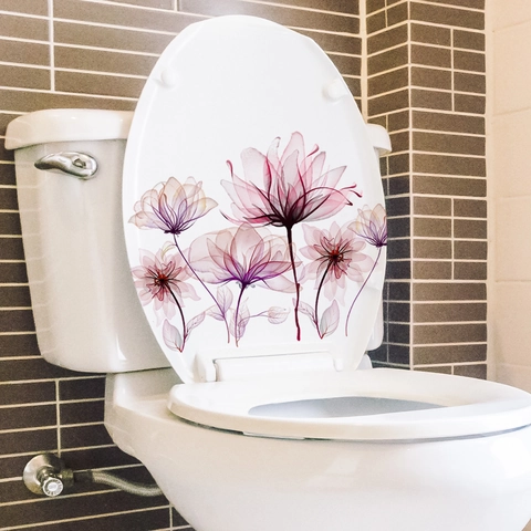 Autocollant De Toilette Fleurs PVC Autocollant Imperméable Décalcomanie Murale Pour Salle De Bain Décoration Aquarelle Rose