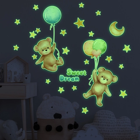 Adesivi Murali Luminosi Al Buio Orso Cartone Animato Palloncini Stelle Luna PVC Decalcomanie Per Cameretta Bambini
