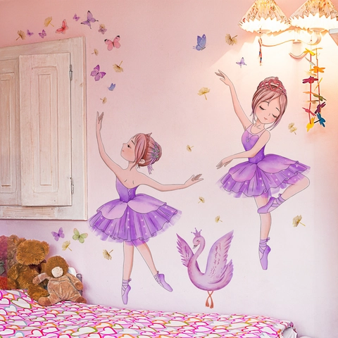 Autocollants Muraux Fille Ballet Cygne Papillon PVC Auto-Adhésif Amovible Aquarelle Décoration Chambre Enfant Fille