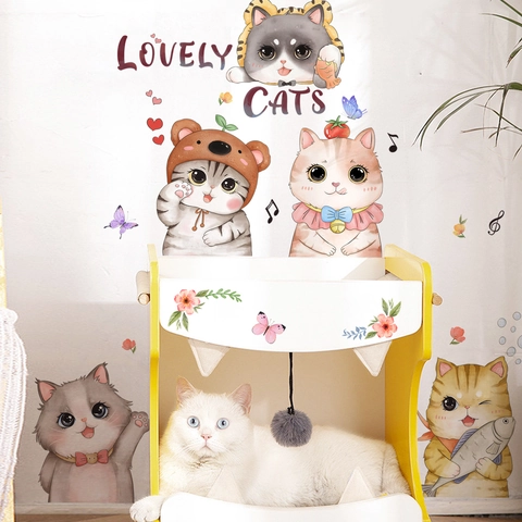Süße Cartoon Katze Wandaufkleber PVC Selbstklebend Aquarell Tier Wandtattoos Heimdeko Kinderzimmer