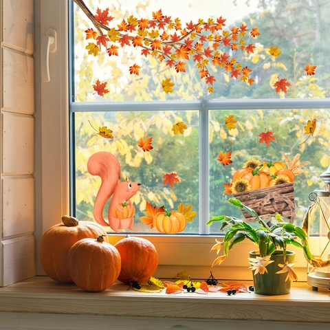 Autumn Window Clings Maple Leaves Pumpkin Squirrel PVC Static Stickers Thanksgiving Glass Decoration Double Sided Visible