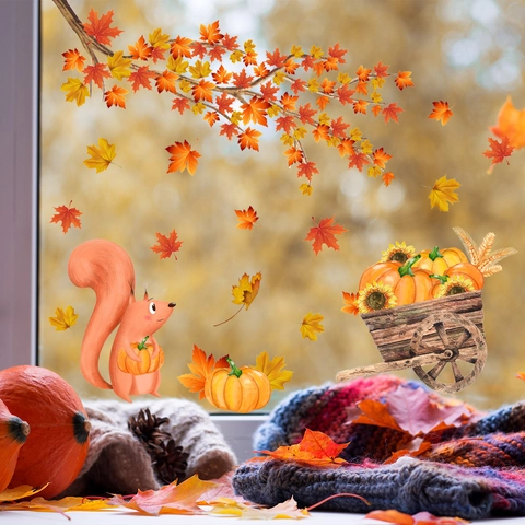 Autumn Window Clings Maple Leaves Pumpkin Squirrel PVC Static Stickers Thanksgiving Glass Decoration Double Sided Visible