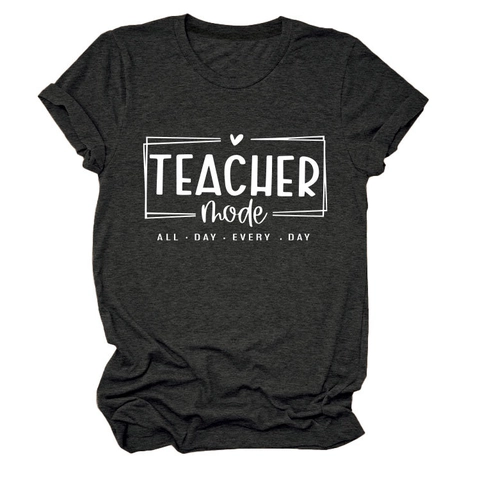 Teacher Mode Graphic T-Shirt Cotton Blend Short Sleeve Crew Neck Casual Letter Print Tee For Women Daily Wear School