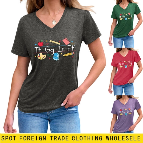 T-Shirt Da Donna Con Scollo A V In Misto Cotone A Maniche Corte Con Stampa Alfabeto Insegnante Top Casual