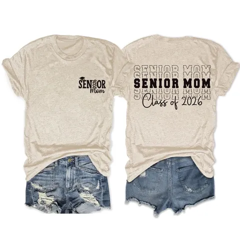 Senior Mom Class Of 2026 Graduation T-Shirt Cotton Blend Short Sleeve Round Neck Casual Loose Women Top