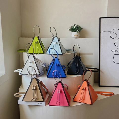 Damen Dreieck Pyramiden Handtasche PU Leder Geometrische Umhängetasche Mit Kordelzug Abnehmbarem Gurt Einfarbig Mode Tasche